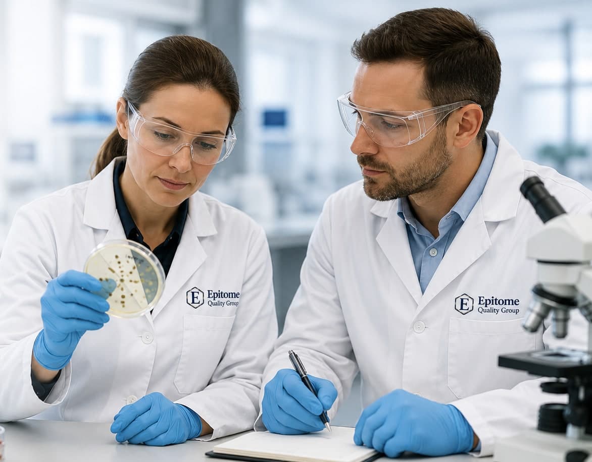 Epitome Quality Group analysts examining a culture plate and recording results in a laboratory